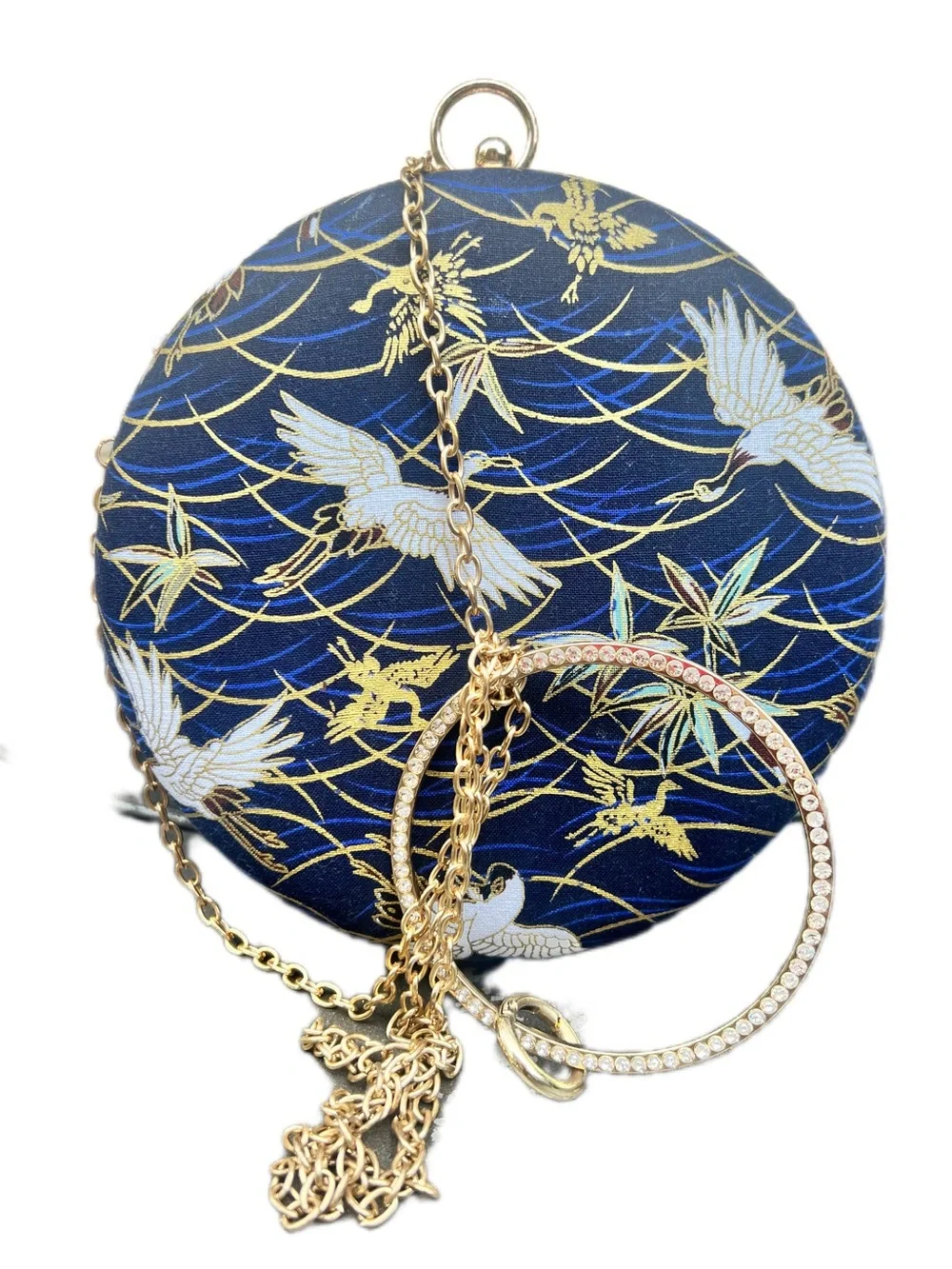 Navy Blue Crane Embroidered Round Clutch
